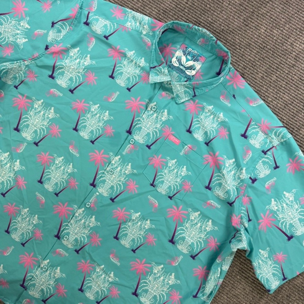 Retro Rifle Lobster Mens 4XL Teal Tropical Palm‎ Tree Stretch Button Up Shirt